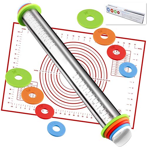  Rolling Pin Nonstick And Silicone Baking Pastry Mat Combo Kit, Adjustable Rolling Pin With Thickness Rings, Rolling Pin For Baking Fondant, Pizza, Pie, Pastry, Pasta, Dough, Cookies (red)