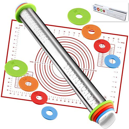  Rolling Pin Nonstick And Silicone Baking Pastry Mat Combo Kit, Adjustable Rolling Pin With Thickness Rings, Rolling Pin For Baking Fondant, Pizza, Pie, Pastry, Pasta, Dough, Cookies (red)