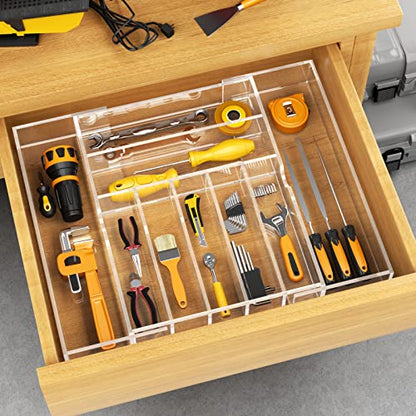 Expandable Kitchen Drawer Organizer For Flatware And Utensils,Clear Acrylic Adjustable Silverware Tray For Drawer,Office,Bathroom Supplies-9 Compartments