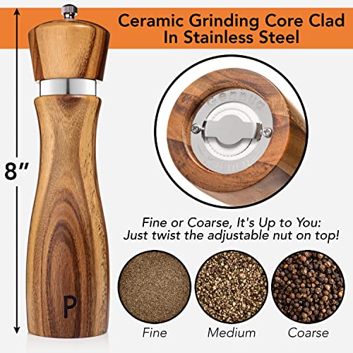 Wooden Salt And Pepper Grinder Set: Refillable Salt & Pepper Mills Adjust For Customized Coarseness, Crafted Of Solid Acacia Wood With Ceramic/Stainless Steel Core, 8 Inches Each