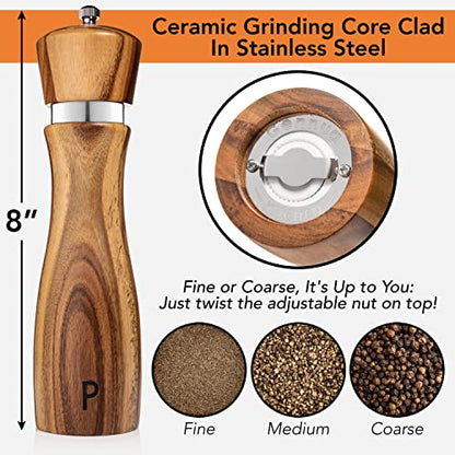  Wooden Salt And Pepper Grinder Set: Refillable Salt & Pepper Mills Adjust For Customized Coarseness, Crafted Of Solid Acacia Wood With Ceramic/Stainless Steel Core, 8 Inches Each