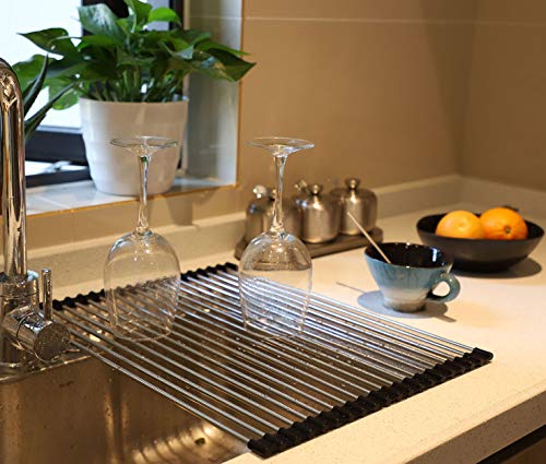  Roll Up Dish Drying Rack Over The Sink Dish Drying Rack Dish Racks For Kitchen Counter Dish Rack Over Sink Camper Accessories Dish Drying Rack (Black, 13.8''Wx17.7''L)