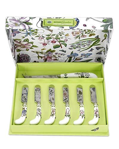  Botanic Garden Cheese Knife And Spreader Set | Cheese Knife And Set Of 6 Spreaders | Floral Design | Made From Stainless Steel With Porcelain Handles