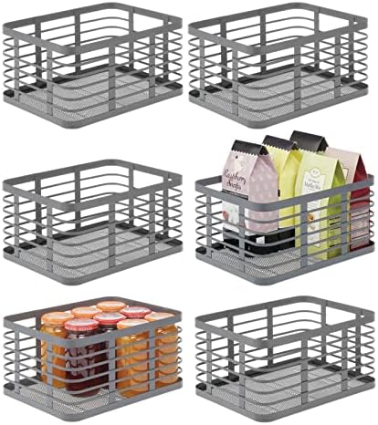  Steel Metal Wire Kitchen Food Storage Organizer Bin Basket For Pantry Organization - Wired Farmhouse Basket With Handle For Shelves - Carson Collection - 6 Pack, Matte Black