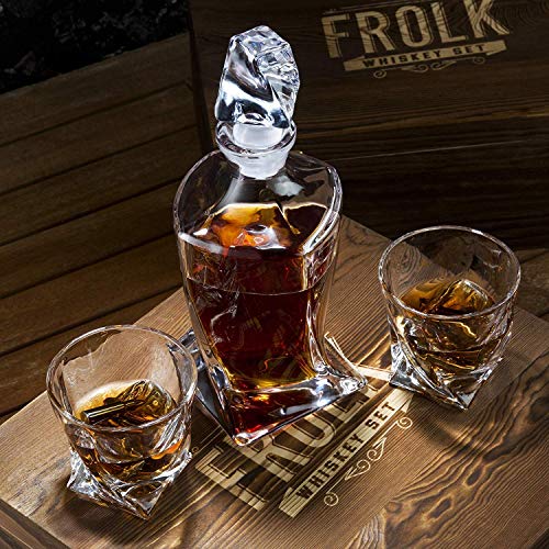  Whiskey Decanter And Stones Gift Set For Men - Whiskey Decanter, 2 Twisted Whiskey Glasses, 10 Stainless Steel Whisky Bullets, 2 Slate Coasters, Special Tongs & Freezer Pouch In Pinewood Gift Box