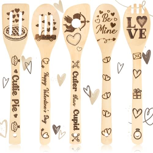  5Pcs Mothers Day Wooden Spoons Utensils Set, Non-Stick Cooking Utensils Carve Burned Bamboo Spoons Spatula Kitchen Cookware Gadget Decor Kit Mothers Day Mom Birthday Fun Gift Idea