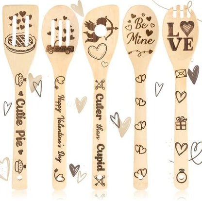  5Pcs Mothers Day Wooden Spoons Utensils Set, Non-Stick Cooking Utensils Carve Burned Bamboo Spoons Spatula Kitchen Cookware Gadget Decor Kit Mothers Day Mom Birthday Fun Gift Idea