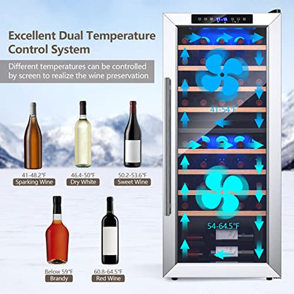  20“ Dual Zone Wine Fridge Refrigerator Cooler, 43 Bottles Freestand Wine & Beverage Center, Wine Cellar W/ 8 Beech Wood Shelves, Glass Door, LED Light, Bar Fridge For Home, Bar