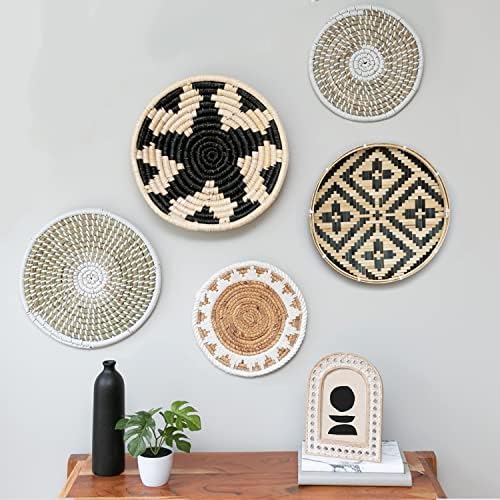  Coastal Wall Decor - Set Of 5 Wicker Wall Baskets, Blue Basket Wall Decor Set, Boho Seagrass Wall Decor - Wave, Stars, Sunburst Pattern