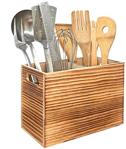  Utensil Holder In Rustic Wood For Farmhouse Kitchen Decor, Countertop Organizer And Cooking Tools Storage (Triple)