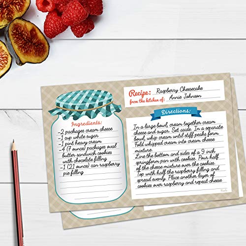  Mason Jar Recipe Cards - 50 Double Sided Cards, 4x6 Inches. Thick Card Stock