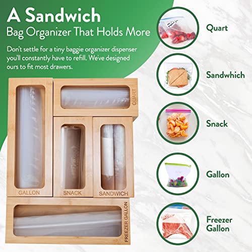  Bamboo Ziplock Bag Organizer For Drawer, Kitchen Storage Bag Organizer, 5 Separate Baggie Organizer For Drawer With Non-Slip Feet And Hanging Holes, Kitchen Organization And Storage