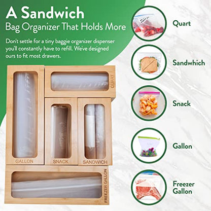 Bamboo Ziplock Bag Organizer For Drawer, Kitchen Storage Bag Organizer, 5 Separate Baggie Organizer For Drawer With Non-Slip Feet And Hanging Holes, Kitchen Organization And Storage