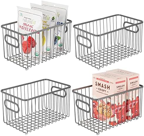  MDesign Metal Farmhouse Kitchen Pantry Food Storage Organizer Basket Bin - Wire Grid Design - For Cabinets, Cupboards, Shelves, Countertops, Closets, Bedroom, Bathroom - 10" Long, 4 Pack - Bronze