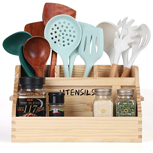  Kitchen Utensil Holder For Countertop With 4 Compartments, Utensil Holder Kitchen Utensil Organizer With Handles, Wood Utensil Holder For Home Decor (Utensil Not Included)