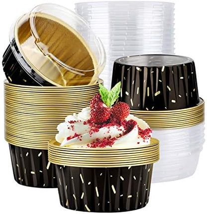  Disposable Ramekins, Gold 50pcs 5oz Mini Aluminium Foil Baking Cups With Lids Creme Brulee Cupcake Liners, Desert Cheesecake Pans Flan Molds Tin Cups Containers For Party Favor Birthday