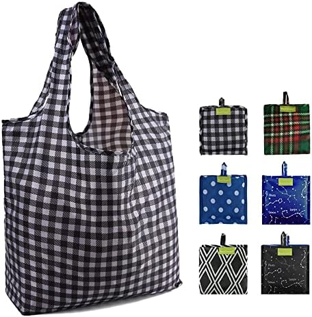  BeeGreen Shopping Bags Reusable Grocery Tote Bags 6 Pack XLarge 50LBS Ripstop Geometric Fashion Recycling Bags With Pouch Bulk Machine Washable Nylon Bags Black Gray Blue Navy Teal Christmas