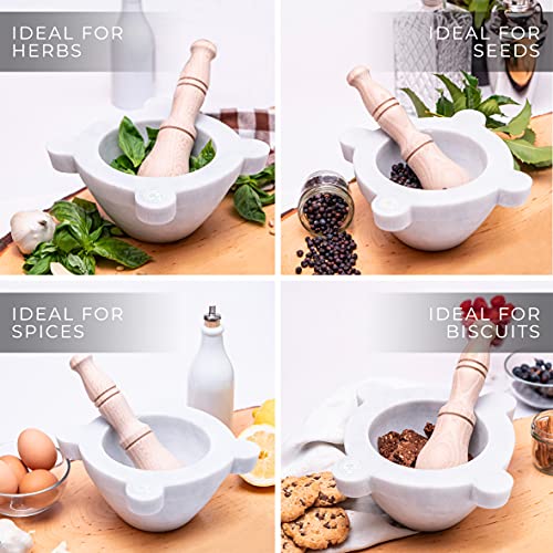  Mortar In White Carrara Marble With Pestle Made In Italy - For Pesto Or Spices - Genovese Model (ø 18 Cm)