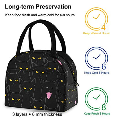  Cat Lunch Bag For Women Cute Reusable Tote Bag Cooler Black Insulated Lunch Box For School Office Picnic Kids Adults Children