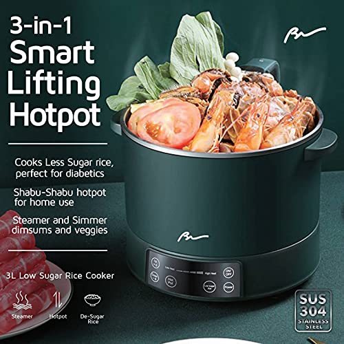  Long Lasting 3L Premium Smart Lifting Electric Hot Pot Electric Shabu Shabu 800W Food Grade Stainless Steel, Low Sugar Cooker Steamer / 3L For Rice Shabu Shabu Noodles Soup Ramen Measuring Cup, Steaming Basket (Green)