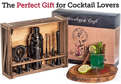  Bartender Kit: 11-Piece Bar Tool Set With Rustic Wood Stand | Perfect Home Bartending Kit And Cocktail Shaker Set For A True Drink Mixing Experience | Fun Housewarming Gift Idea (Gun-Metal)