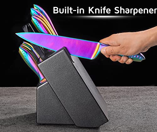  Rainbow Knife Set 14 Pieces, Iridescent German Stainless Steel Kitchen Knives Set With Wooden Block, Colorful Titanium Coating, Chef’s Knife Block Set With Scissors And Built-in Sharpener