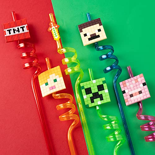  24Pcs Miner Craft Birthday Party Supplies Reusable Drinking Straws,8 Designs Pixel Themed Party Favors With 2 Cleaning Brush MWXG
