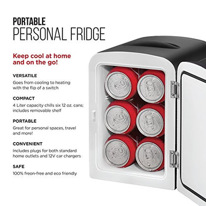  Mini Portable Black Personal Fridge Cools Or Heats And Provides Compact Storage For Skincare, Snacks, Or 6 12oz Cans W/A Lightweight 4-liter Capacity To Take On The Go