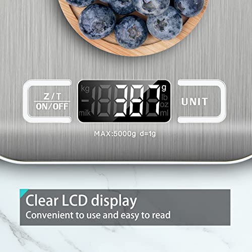  Gital Kitchen Scale,Food Scale For Meat Baking Weight,Unit Gram OZ Lb Up 11 Lb(1g-5KG),Silver Stainless Steel Anti-Fingerprint With Accuracy LCD Display For Cooking Black(Include AAA Battery)