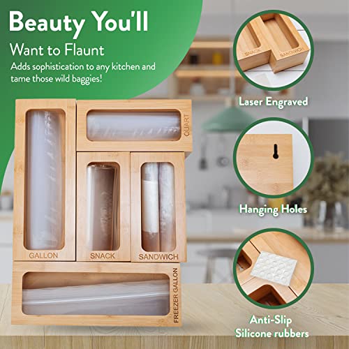  Bamboo Ziplock Bag Organizer For Drawer, Kitchen Storage Bag Organizer, 5 Separate Baggie Organizer For Drawer With Non-Slip Feet And Hanging Holes, Kitchen Organization And Storage