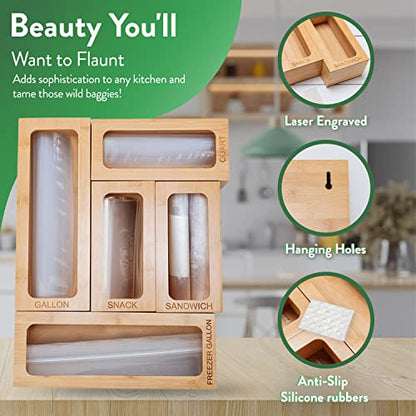  Bamboo Ziplock Bag Organizer For Drawer, Kitchen Storage Bag Organizer, 5 Separate Baggie Organizer For Drawer With Non-Slip Feet And Hanging Holes, Kitchen Organization And Storage