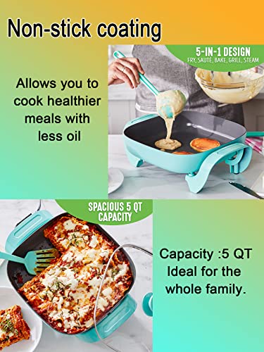  Electric Skillet Ceramic Nonstick 5QT - 12" Square With Glass Lid, Adjustable Temperature Control, Dishwasher Safe, Turquoise, Nozaya