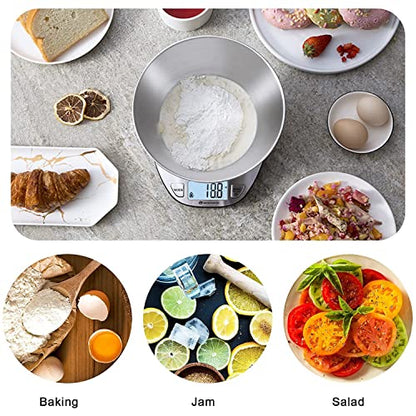  Food Scale With Bowl 2.27QT, Digital Kitchen Scale For Weight Loss, Baking, Cooking And Keto, 11lb Capacity, Stainless Steel, Battery Included