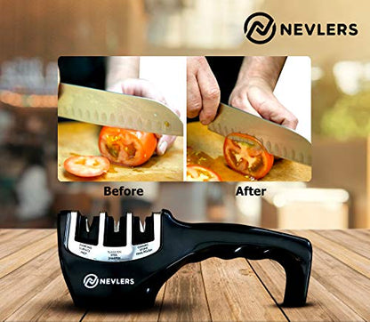  3 In 1 Kitchen Knife Sharpener With Cut Resistant Gloves | Knife Sharpeners For Kitchen Knives Preps, Repairs, Sharpens | Blade Sharpener With Diamond, Ceramic & Tungsten Steel Slots (Black)