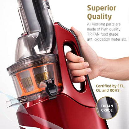  Rtical Grind Cold Press Juicer, Anti-Oxidation Wide Chute Slow Grinding Juicer With 60 RPM 240W AC Motor & Large 3” Mouth The Ultimate Fruit And Vegetable Juice Extractor (Red)