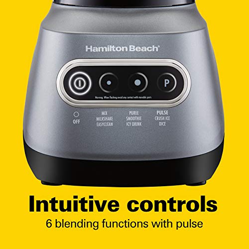 Hamilton Beach 58181 Blender To Puree, Crush Ice, And Make Shakes And Smoothies, 40 Oz Glass Jar, 6 Functions + 20 Oz Travel Container, Gray
