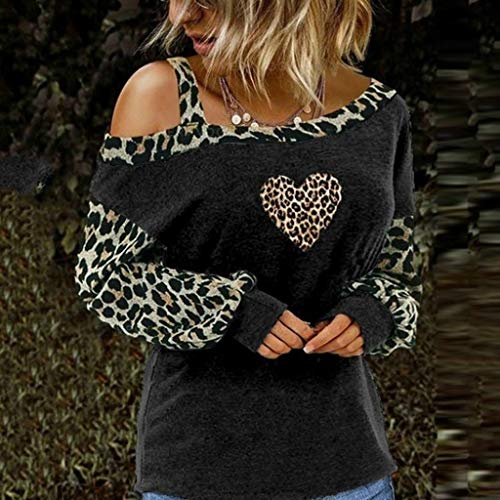  Meikosks Womens Off Shoulder Long Sleeve Tops Leopard Stitching T-Shirt Fashion Printed Blouses