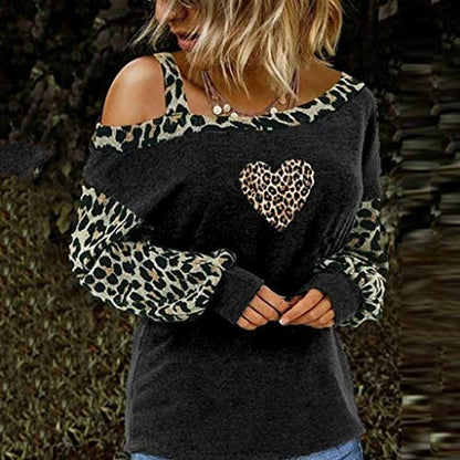 Meikosks Womens Off Shoulder Long Sleeve Tops Leopard Stitching T-Shirt Fashion Printed Blouses