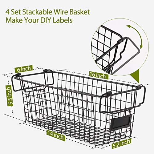  4 Pack [ XL Large ] STACKABLE Wire Baskets For Organizing - Pantry Storage And Organization Metal Bins For Produce, Food, Fruit - Kitchen Bathroom Closet Cabinet, Countertop, Under Sink Organizer