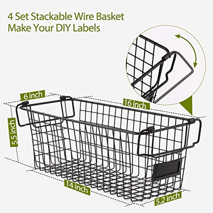  4 Pack [ XL Large ] STACKABLE Wire Baskets For Organizing - Pantry Storage And Organization Metal Bins For Produce, Food, Fruit - Kitchen Bathroom Closet Cabinet, Countertop, Under Sink Organizer