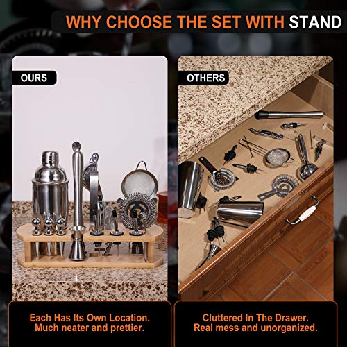  24-Piece Cocktail Shaker Bartender Kit With Stand, 24 Oz Martini Shaker, Mixing Spoon, Muddler, Measuring Jigger, Lemon Squeez, Tongs, Corkscrew, Liquor Pourers And More Professional Bar Tools
