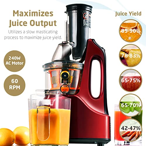  Rtical Grind Cold Press Juicer, Anti-Oxidation Wide Chute Slow Grinding Juicer With 60 RPM 240W AC Motor & Large 3” Mouth The Ultimate Fruit And Vegetable Juice Extractor (Red)