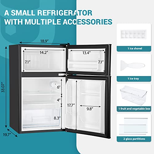  Ini Fridge With Freezer, 3.2 Cu.Ft Compact Refrigerator With Freezer, 2 Door Mini Fridge With Freezer, Upright For Dorm, Bedroom, Office, Apartment- Food Storage Or Drink Beer, Black.