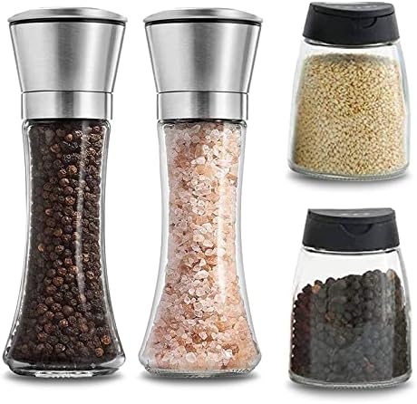 Salt And Pepper Shakers Grinders Refillable Stainless Steel, Adjustable Coarseness Mills Glass Material To Refill Sea Salt,Small Peppercorn,Black Pepper (single Package)
