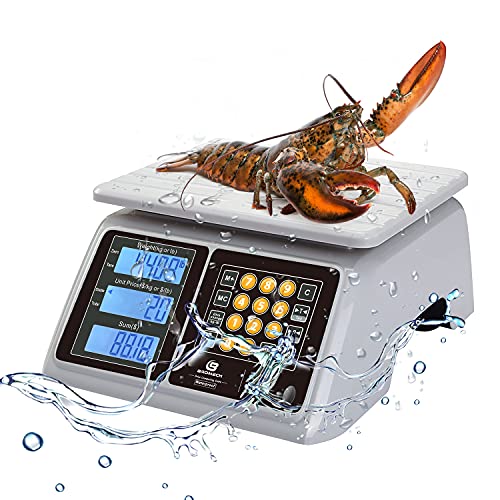  Food Scale, Price Computing Scale, IPX7 Waterproof, 66lbs Capacity, White Backlight LCD, Rechargeable Commercial Meat Produce Weight Scale For Farmers Market And Seafood