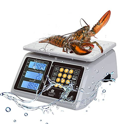 Food Scale, Price Computing Scale, IPX7 Waterproof, 66lbs Capacity, White Backlight LCD, Rechargeable Commercial Meat Produce Weight Scale For Farmers Market And Seafood