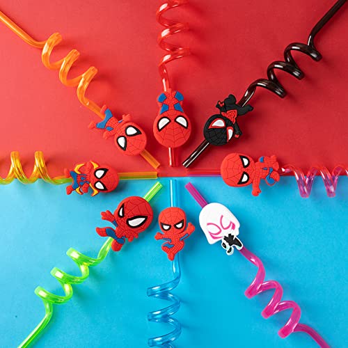  NITELUO 24Pcs Spiderman Birthday Party Supplies Reusable Drinking Straws,8 Designs Spider Party Favors With 2 Cleaning Brush