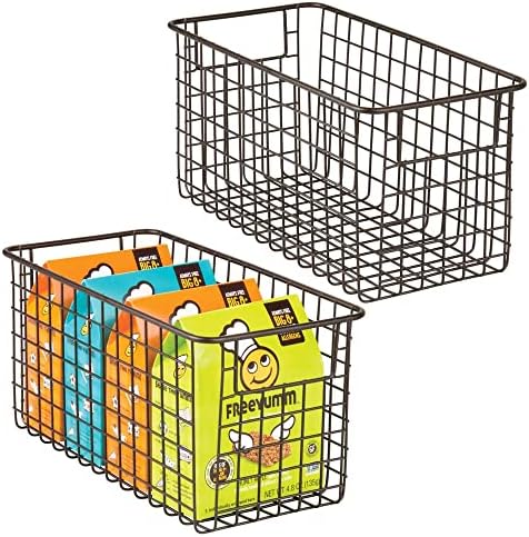  MDesign Farmhouse Decor Metal Wire Food Organizer Storage Bin Baskets With Handles For Kitchen Cabinets, Pantry, Bathroom, Laundry Room, Closets, Garage - 2 Pack - Bronze