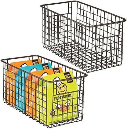  MDesign Farmhouse Decor Metal Wire Food Organizer Storage Bin Baskets With Handles For Kitchen Cabinets, Pantry, Bathroom, Laundry Room, Closets, Garage - 2 Pack - Bronze