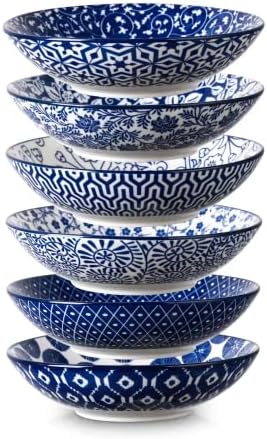 Porcelain 40oz Large Bowls 9 Inch Big Pasta Salad Bowls, Microwave And Oven Safe, Vintage Blue, Set Of 6